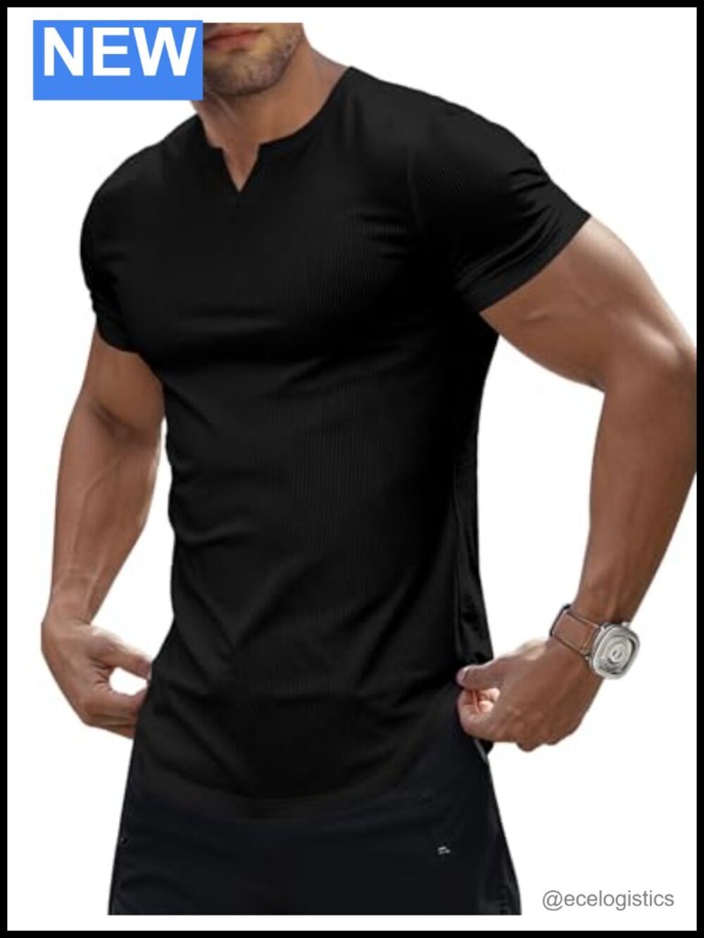 Men's Muscle V-Neck Slim Fit Ribbed Longline Tee Athletic Gym Shirt